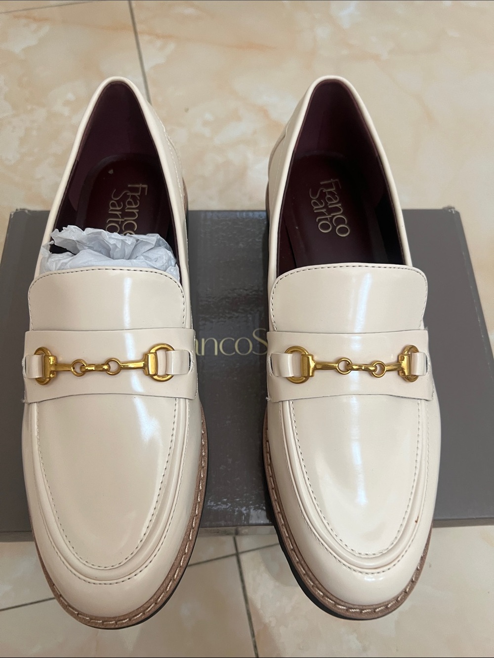 Franco Sarto Ivory Cream Leather Horsebit Loafers